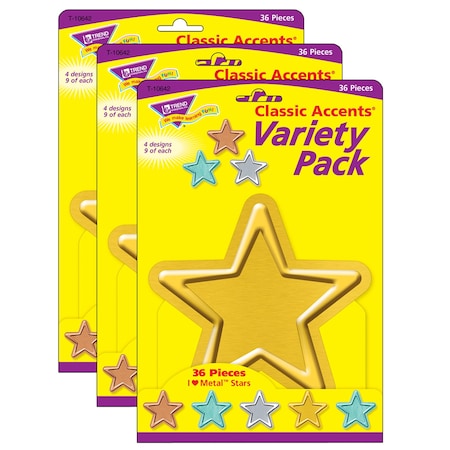 Trend Enterprises I Heart Metal Stars Classic Accents Variety Pack, 36 Pieces, PK3 T10642